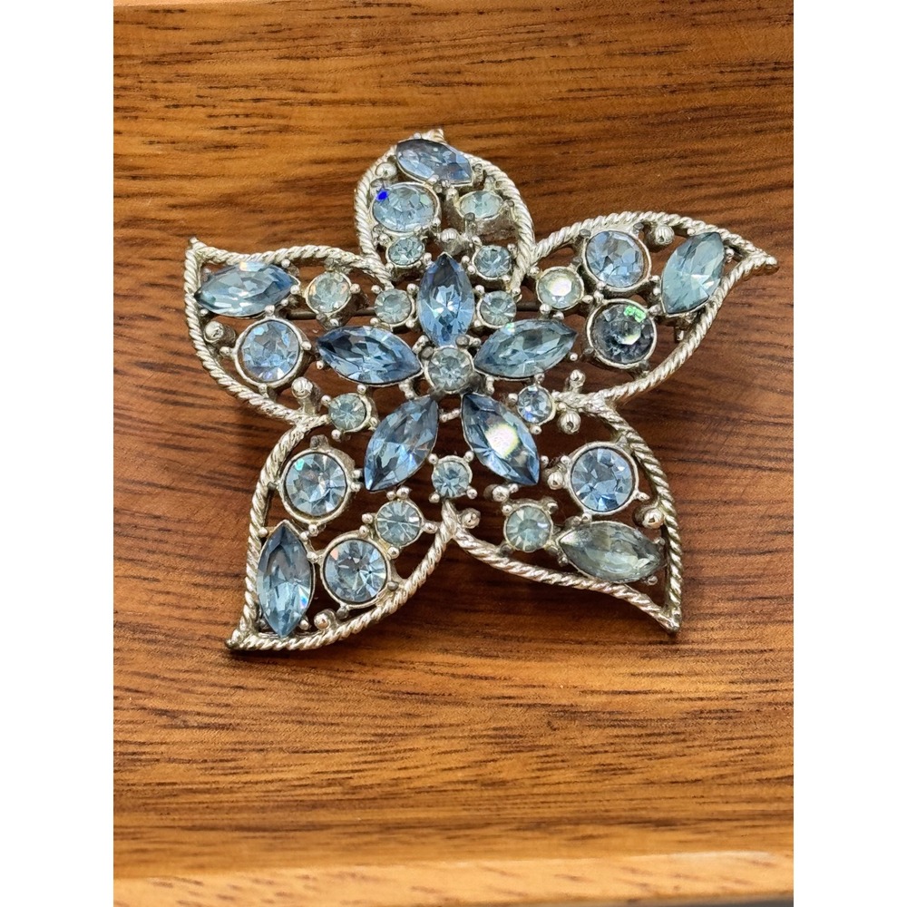 Vintage Sarah Coventry Blue Rhinestone Starburst Brooch Silver Tone Signed Pin